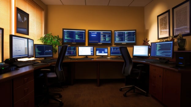 Well-lit office space with numerous computer screens. photo