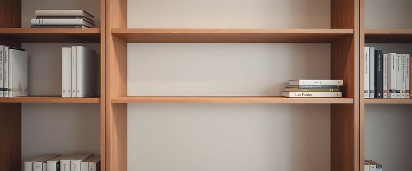 bookshelf filled with lots of books next to a wall photo