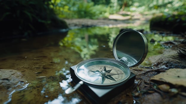 A vintage compass rests in a shallow forest stream. photo
