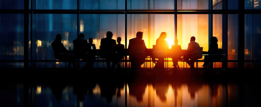 The silhouettes of business professionals in a sunset meeting within a modern office. photo