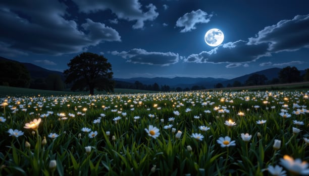 a moonlit meadow with white flowers glowing like stars scattered across the land. photo