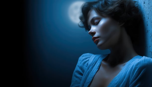 Sorrowful woman's silhouette leaning against wall night portrait emotional close-up photo