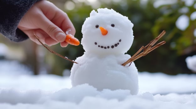 Child's hand adding a carrot nose to a small snowman. photo