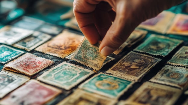 A meticulous hand carefully selecting a vintage postage stamp. photo