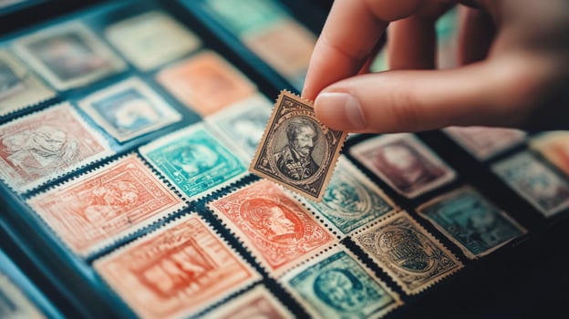 Hand selecting antique postage stamp from collection. photo