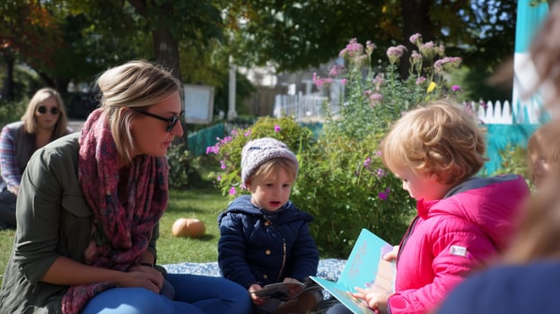Children enjoy storytime in the park on a sunny autumn day while parents engage nearby photo