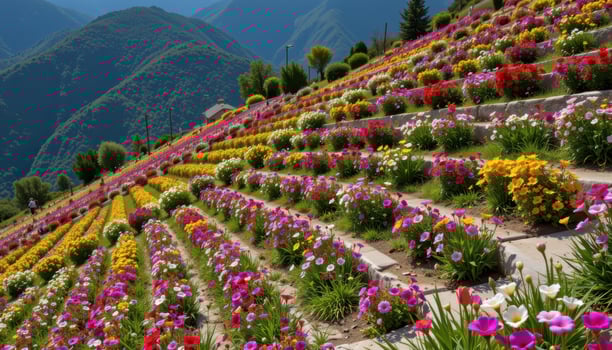 a series of stepped terraces cascading down a hill, each level blooming with different flowers. photo