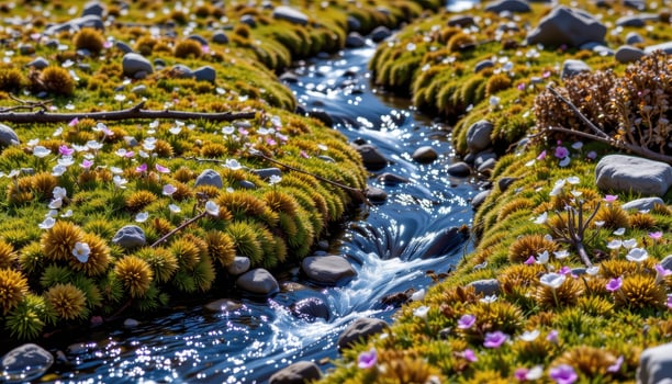 a snowmelt fed stream that winds through a patch of flowering alpine moss and tiny blossoms. photo