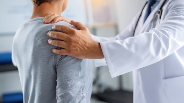 Doctor examining patient's shoulder pain in clinic environment photo