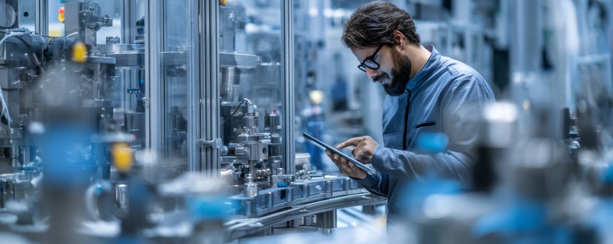 Professional using tablet in smart manufacturing plant photo