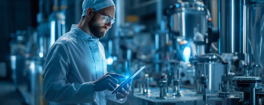 Smart manufacturing professional using tablet in modern plant photo