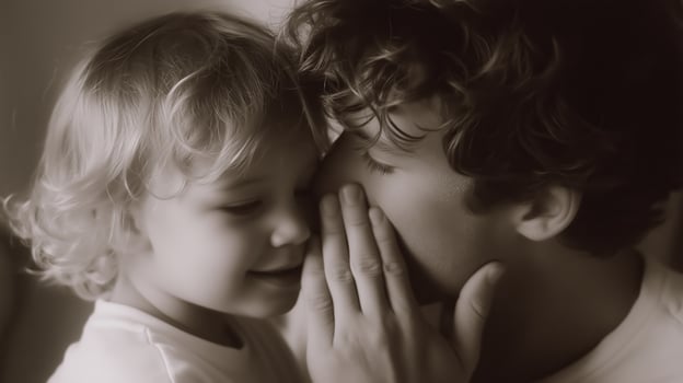 Intimate moment between a father and child sharing a secret in a softly lit room photo