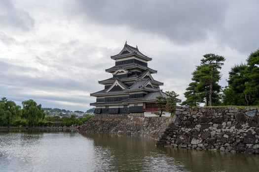 Historic Matsumoto Castle reflected in calm waters, Japan photo