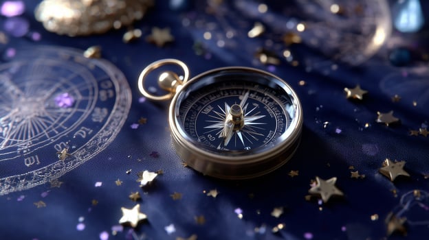Vintage compass resting on a starry map at night evoking a sense of adventure and exploration photo