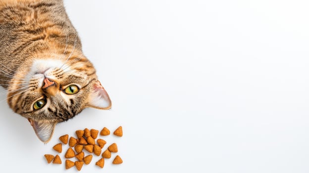 A cat is looking up at a bowl of food photo
