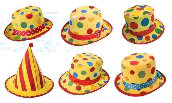 Six hats for party or clown costumes, including one party hat and five clown hats photo