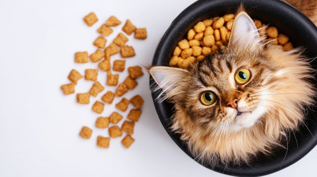 A cat is sitting in a bowl with food photo
