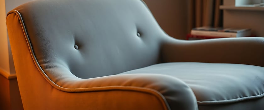 blue chair sitting in a living room next to a window photo