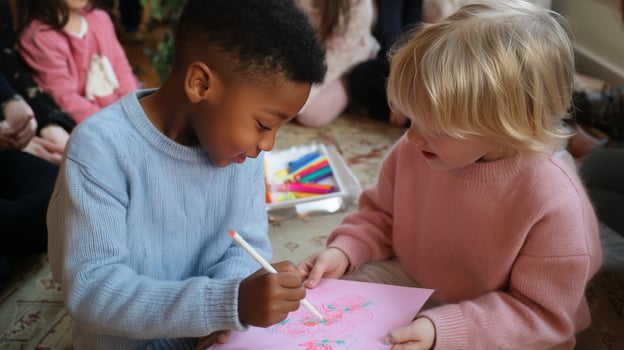 Children engaged in creative art activity with colorful markers in a cozy indoor setting during afternoon playtime photo