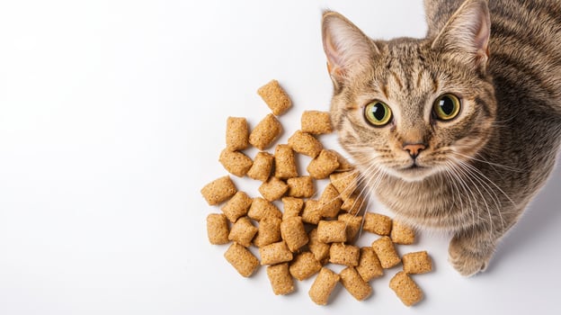 A cat is standing next to a bowl of food photo