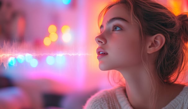 In a colorful room filled with glowing lights, a woman interacts with voice control technology, demonstrating commands and sound effects. A serene atmosphere enhances her focus on the task. photo