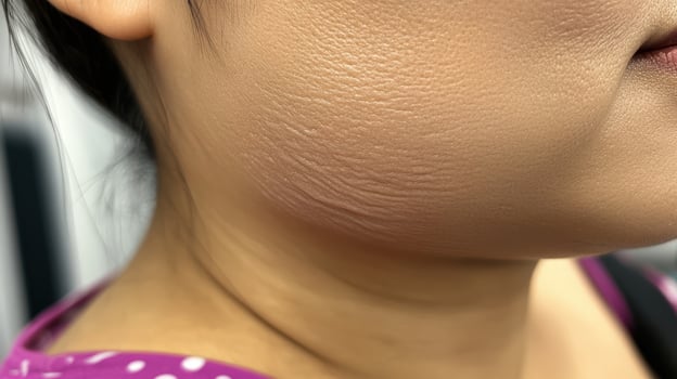 Close-up view of a person's neck and jawline skin texture. photo