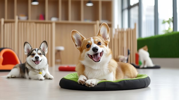 Three dogs are sitting in a dog bed photo