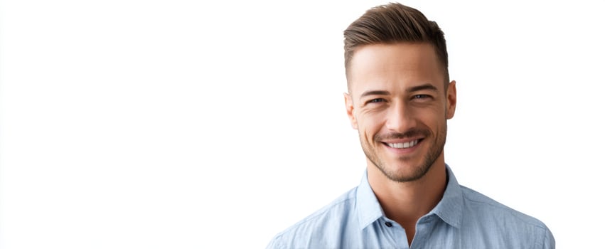 The smiling young man showcasing confidence and charm against a white background. photo