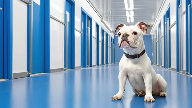A dog sitting in a hallway with blue walls photo