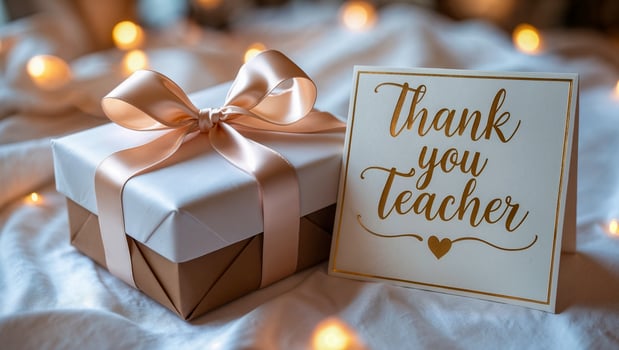 Gift box with ribbon and card reading Thank You Teacher placed on a white table as a festive appreciation present. photo