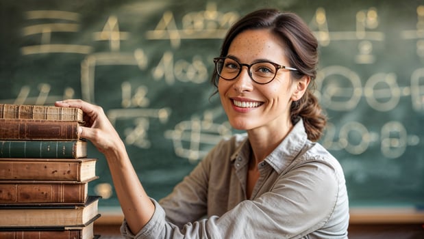Smiling female teacher standing in front of chalkboard holding stack of books ready to start classroom lesson. photo