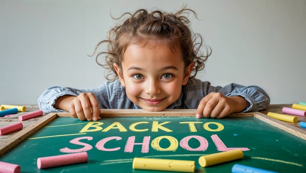 Cheerful young girl peeking over a back to school sign surrounded by colorful stationery and books. photo