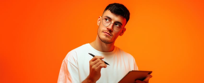The thoughtful young man pondering ideas while holding a tablet. photo
