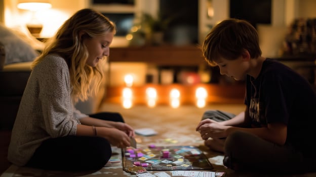 Children enjoying a board game together in a cozy living room during evening hours photo