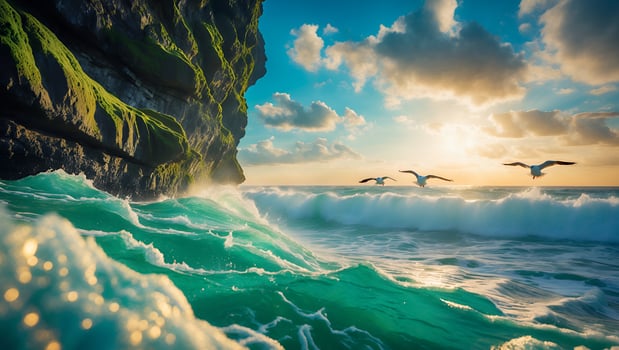 Coastal Waves Meet Mossy Cliff with Birds at Sunset photo