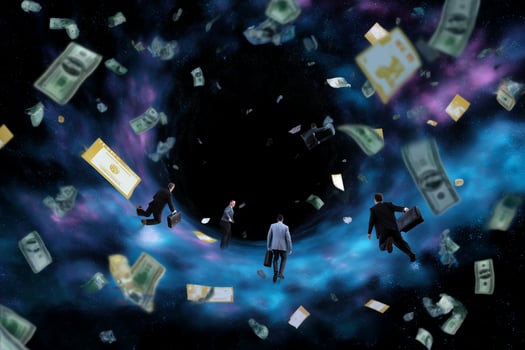 Businessmen enter a black hole while carrying money and documents in a surreal space setting photo
