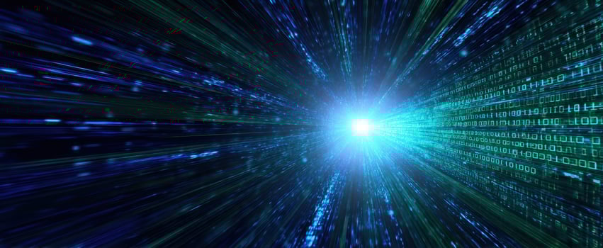 The digital explosion of binary code and light in a futuristic space. photo