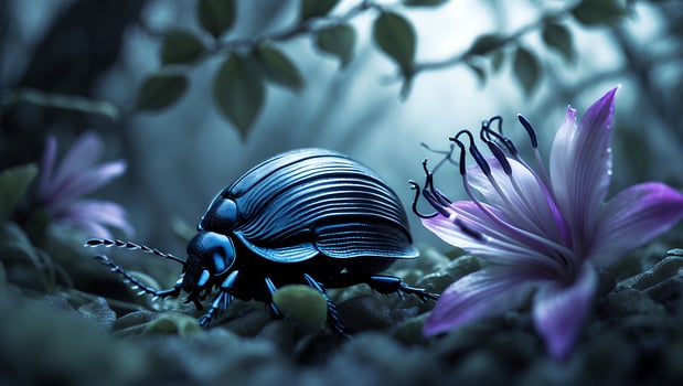 Beetle on Ground Near a Flower photo