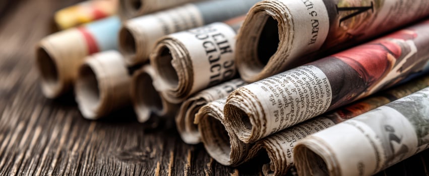 The ancient art of rolled newspapers on a rustic wooden surface. photo