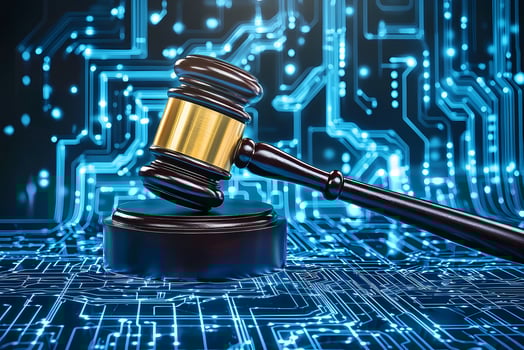 Judge gavel resting on sound block on circuit board depicting cyber law photo