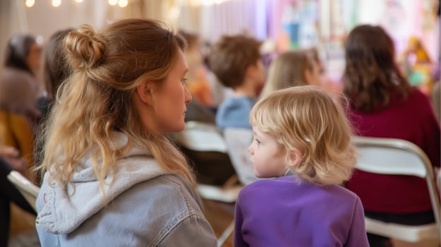 Mother and child enjoying a performance at a community event in a cozy indoor venue during the afternoon photo
