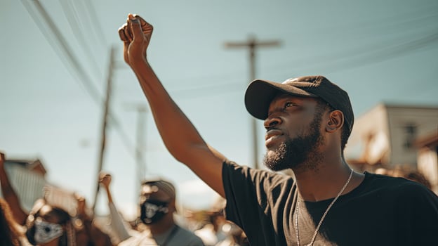 A man in a black shirt and hat holding up his fist photo