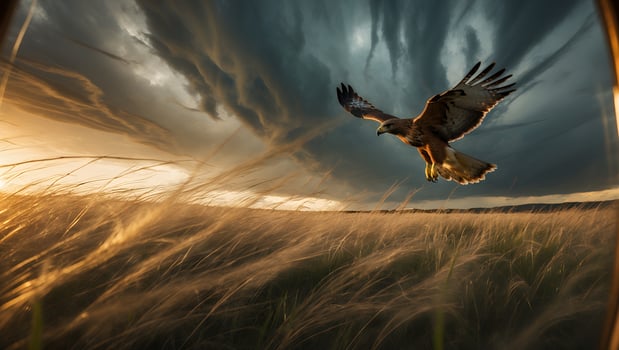 Hawk Flying Over Field with Dramatic Sky Landscape photo