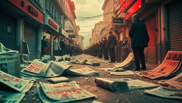 Crowd of people lining the streets amidst scattered newspapers in an urban setting during dusk photo