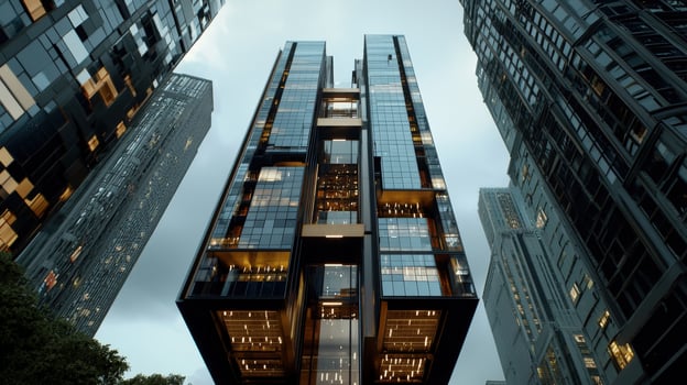A tall building with a glass facade in the middle of a city photo