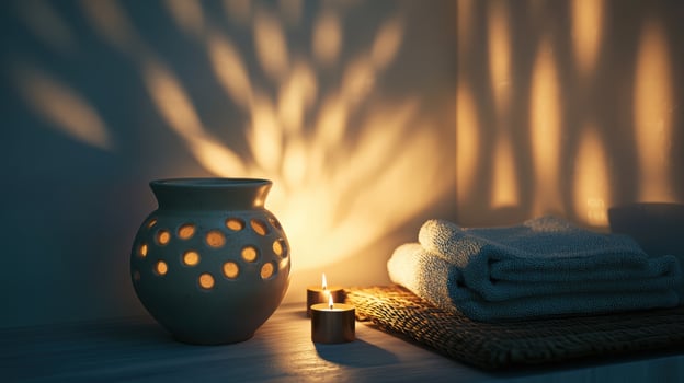 Warm candlelit ambiance in spa setting with ceramic lantern casting shadows beside towels for relaxation and serenity. Spa accessory composition set in spa hotel photo