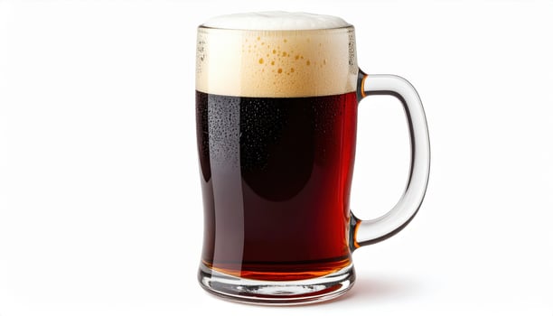 Frothy glass of root beer with handle on white background photo