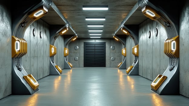 A long hallway with yellow lights and doors photo