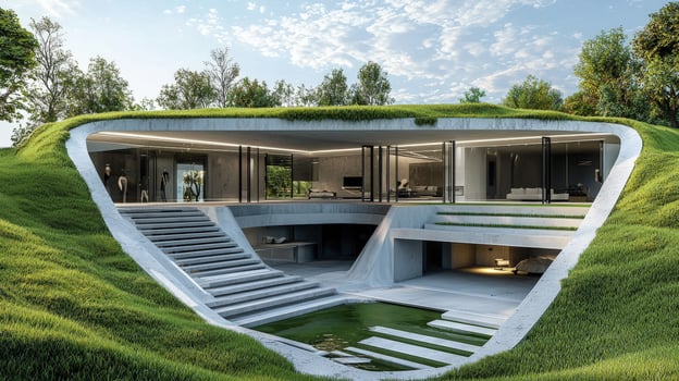 A house with a grassy hill and stairs leading to the top photo