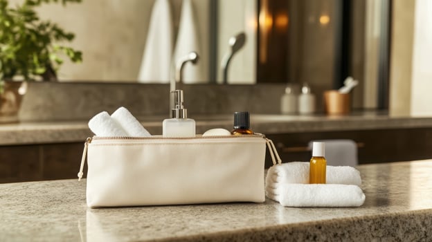 Elegant bathroom counter with toiletry bag and towels creating a tranquil spa-like setting in a contemporary home interior. Spa accessory composition set in spa hotel photo